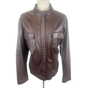 Y2K Chico's Genuine Leather Jacket Top Brown‎ Moto Biker Chico's Size 3 US XL 16
